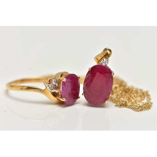 35 - A RUBY RING AND PENDANT, the pendant set with an oval cut ruby accented with a single round brillian... 