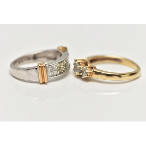 37 - TWO 9CT GOLD RINGS, the first a white gold band ring, set with twenty princess cut diamonds in an in... 