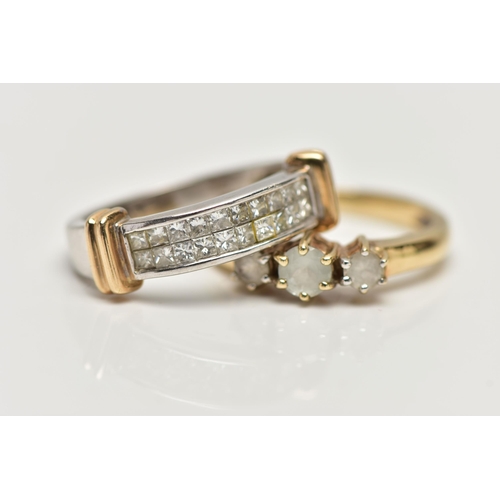 37 - TWO 9CT GOLD RINGS, the first a white gold band ring, set with twenty princess cut diamonds in an in... 
