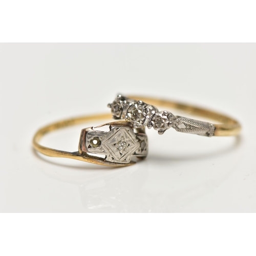 42 - TWO YELLOW AND WHITE METAL DIAMOND RINGS, the first a three stone, single cut diamond ring, in a whi... 