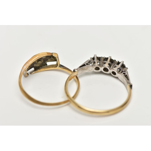 42 - TWO YELLOW AND WHITE METAL DIAMOND RINGS, the first a three stone, single cut diamond ring, in a whi... 