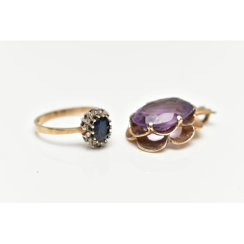 47 - A 9CT GOLD SAPPHIRE AND DIAMOND CLUSTER RING AND  A 9CT GOLD AMETHYST PENDANT, the oval cluster ring... 