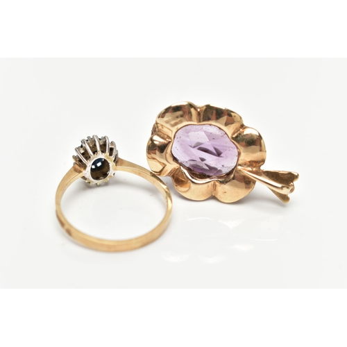 47 - A 9CT GOLD SAPPHIRE AND DIAMOND CLUSTER RING AND  A 9CT GOLD AMETHYST PENDANT, the oval cluster ring... 