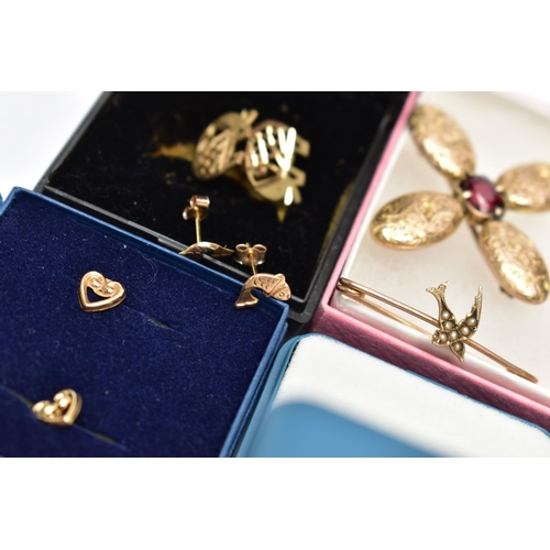 51 - A SELECTION OF YELLOW METAL EARRINGS AND TWO BROOCHES, to include a pair of openwork yellow metal el... 
