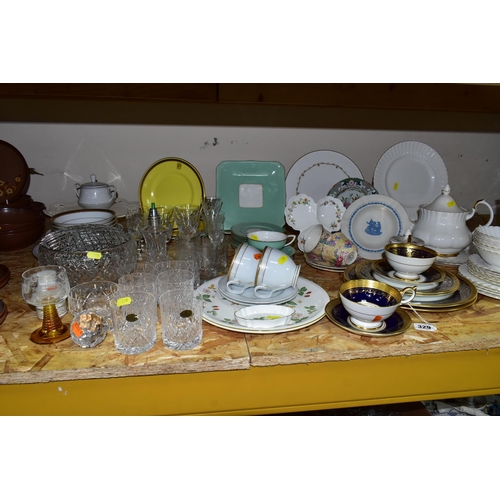 329 - A GROUP OF CERAMIC TEA WARES AND CUT GLASS, comprising an Aynsley 'Georgian Cobalt 7348' pattern cup... 