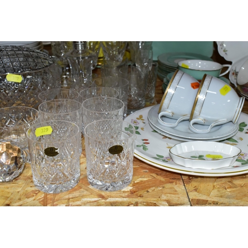 329 - A GROUP OF CERAMIC TEA WARES AND CUT GLASS, comprising an Aynsley 'Georgian Cobalt 7348' pattern cup... 