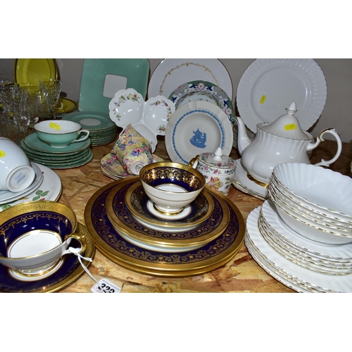 329 - A GROUP OF CERAMIC TEA WARES AND CUT GLASS, comprising an Aynsley 'Georgian Cobalt 7348' pattern cup... 