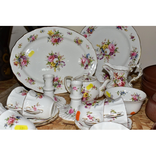 331 - A HAMMERSLEY DRESDEN FLORAL SPRAYS & GOLD 'EILEEN' PATTERN TEA SET, comprising a trefoil dish (broke... 
