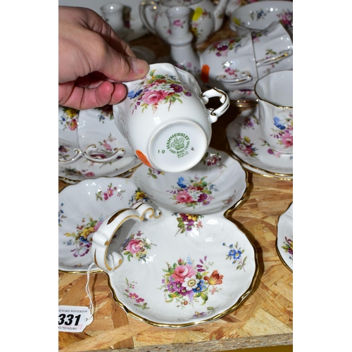 331 - A HAMMERSLEY DRESDEN FLORAL SPRAYS & GOLD 'EILEEN' PATTERN TEA SET, comprising a trefoil dish (broke... 