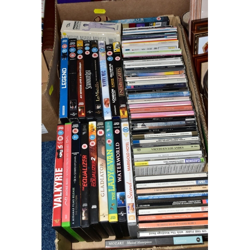 334 - FIVE BOXES OF BOOKS, CDS, DVDS AND KITCHEN EQUIPMENT, to include a Russell Hobbs 'Chelsea Teamaker',... 