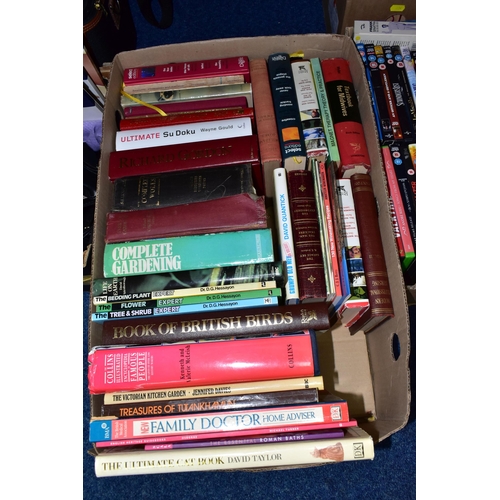 334 - FIVE BOXES OF BOOKS, CDS, DVDS AND KITCHEN EQUIPMENT, to include a Russell Hobbs 'Chelsea Teamaker',... 