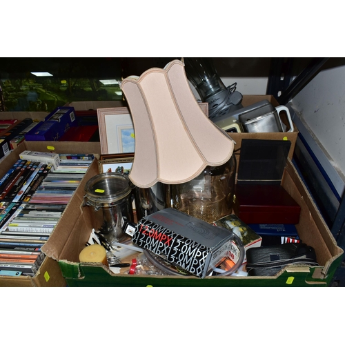 334 - FIVE BOXES OF BOOKS, CDS, DVDS AND KITCHEN EQUIPMENT, to include a Russell Hobbs 'Chelsea Teamaker',... 