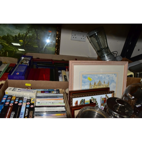 334 - FIVE BOXES OF BOOKS, CDS, DVDS AND KITCHEN EQUIPMENT, to include a Russell Hobbs 'Chelsea Teamaker',... 