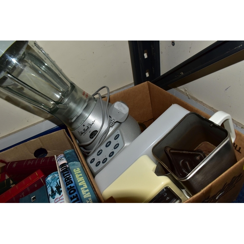 334 - FIVE BOXES OF BOOKS, CDS, DVDS AND KITCHEN EQUIPMENT, to include a Russell Hobbs 'Chelsea Teamaker',... 