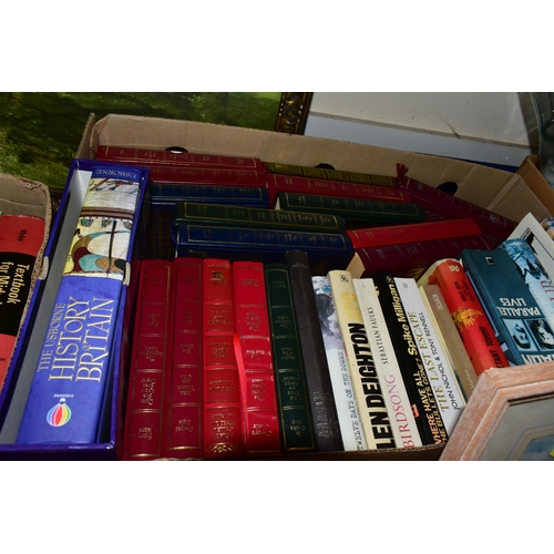 334 - FIVE BOXES OF BOOKS, CDS, DVDS AND KITCHEN EQUIPMENT, to include a Russell Hobbs 'Chelsea Teamaker',... 