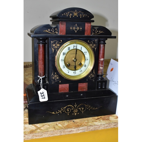 337 - A LATE VICTORIAN BLACK SLATE MANTEL CLOCK, with red marble columns, gilt foliate carved decoration t... 