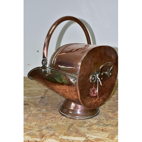 340 - A VICTORIAN COPPER COAL SCUTTLE, copper handles, height 29cm x length 37cm (1) (Condition Report: a ... 