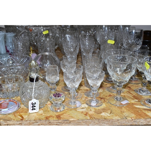 344 - A QUANTITY OF CUT CRYSTAL, to include a Dartington Crystal bulbous bud vase, a set of six sundae dis... 