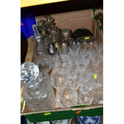 347 - THREE BOXES OF GLASSWARES, to include nine clear glass jelly moulds, pressed glass fruit bowls, a la... 