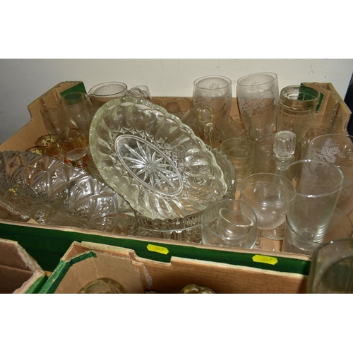 347 - THREE BOXES OF GLASSWARES, to include nine clear glass jelly moulds, pressed glass fruit bowls, a la... 