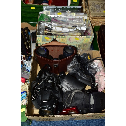 351 - SEVEN BOXES OF ASSORTED MISCELLANEOUS ITEMS, to include a Nikon Coolpix P520 camera, a Nikon Coolpix... 