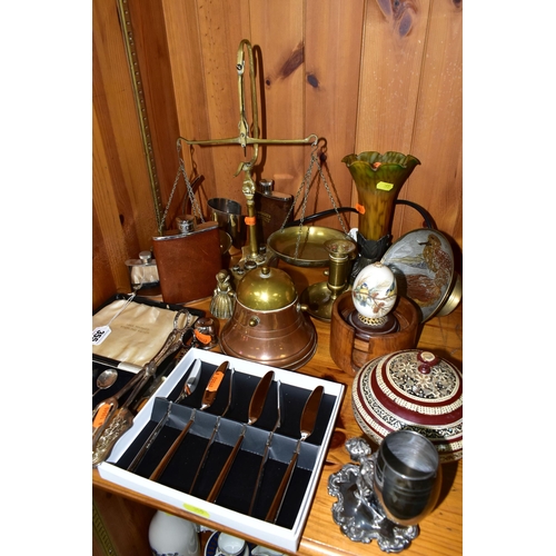 355 - A GROUP OF METALWARE, comprising a boxed set of six silver coffee spoons with black coffee bean ends... 