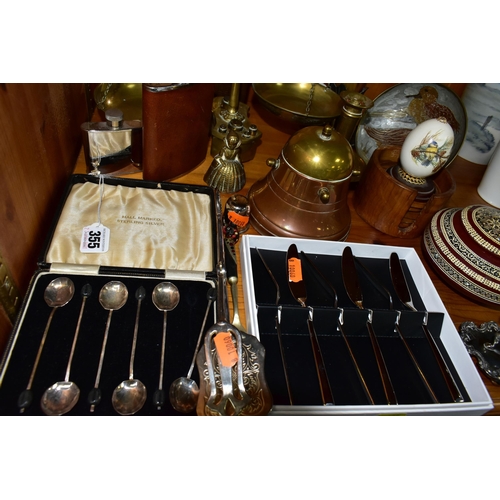 355 - A GROUP OF METALWARE, comprising a boxed set of six silver coffee spoons with black coffee bean ends... 