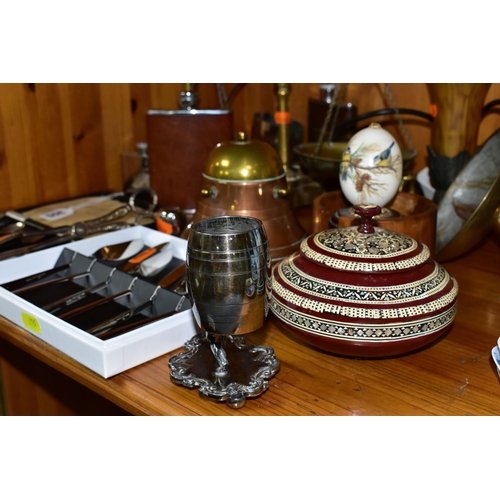 355 - A GROUP OF METALWARE, comprising a boxed set of six silver coffee spoons with black coffee bean ends... 