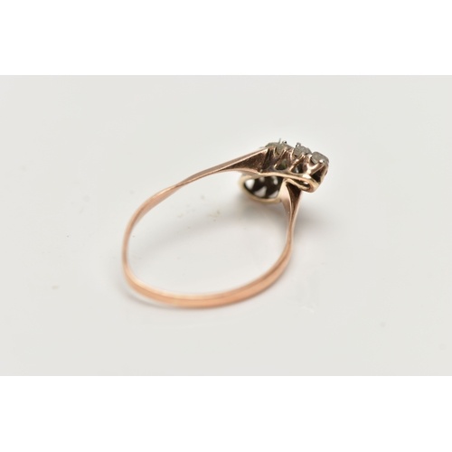 26 - A YELLOW METAL DIAMOND RING, (AF) distorted ring, yellow and white metal set with twelve rose cut di... 