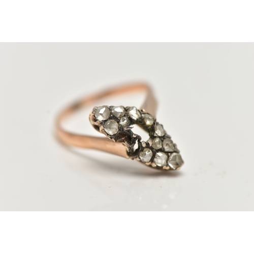 26 - A YELLOW METAL DIAMOND RING, (AF) distorted ring, yellow and white metal set with twelve rose cut di... 