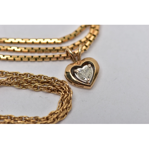 27 - TWO 9CT GOLD CHAINS AND YELLOW METAL PENDANT,  the first a 9ct gold fine rope chain, fitted with a s... 