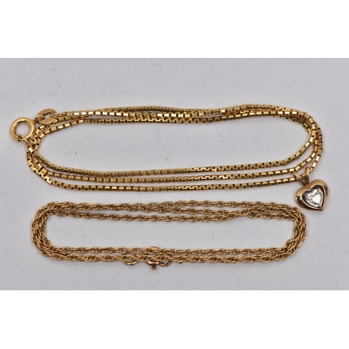 27 - TWO 9CT GOLD CHAINS AND YELLOW METAL PENDANT,  the first a 9ct gold fine rope chain, fitted with a s... 