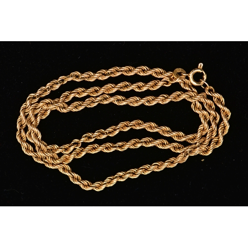 28 - A 9CT GOLD CHAIN NECKLACE, a yellow gold rope twist chain, fitted with a spring clasp, approximate l... 