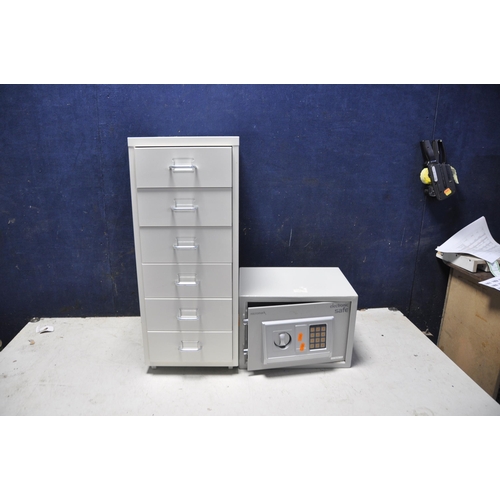 1051 - A MICROMARK ELECTRONIC SAFE 35cm wide (no key or code but locked open) and a modern six drawer metal... 