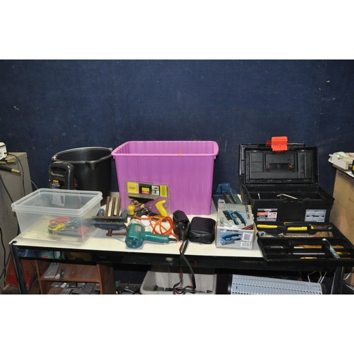 1055 - TWO TOOLBOXES AND TWO TRAYS CONTAINING TOOLS including a Record Vice, a Halfords Battery charger a S... 