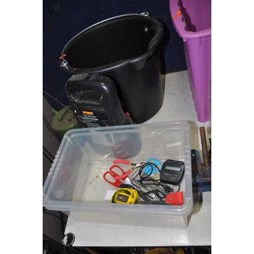 1055 - TWO TOOLBOXES AND TWO TRAYS CONTAINING TOOLS including a Record Vice, a Halfords Battery charger a S... 