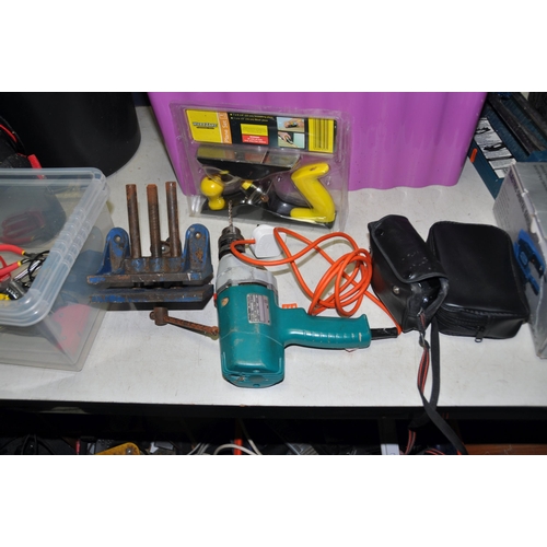 1055 - TWO TOOLBOXES AND TWO TRAYS CONTAINING TOOLS including a Record Vice, a Halfords Battery charger a S... 