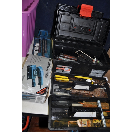 1055 - TWO TOOLBOXES AND TWO TRAYS CONTAINING TOOLS including a Record Vice, a Halfords Battery charger a S... 