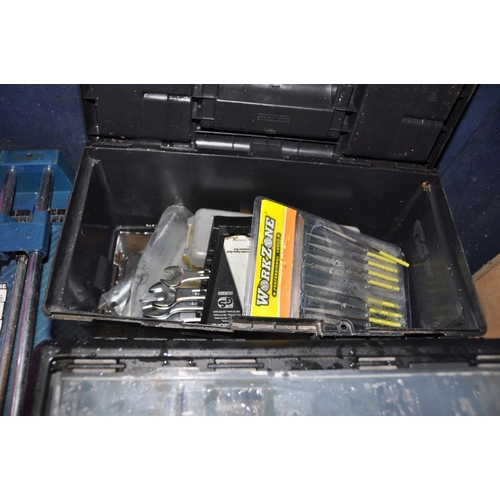 1055 - TWO TOOLBOXES AND TWO TRAYS CONTAINING TOOLS including a Record Vice, a Halfords Battery charger a S... 