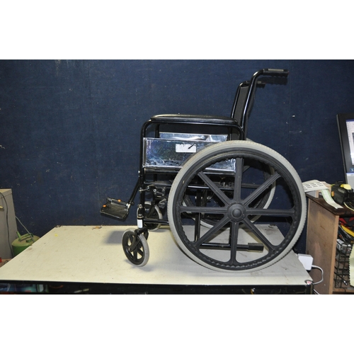 1064 - A HOMECRAFT EBONY FOLDING WHEELCHAIR with only one footrest and a vintage Black and Decker electric ... 