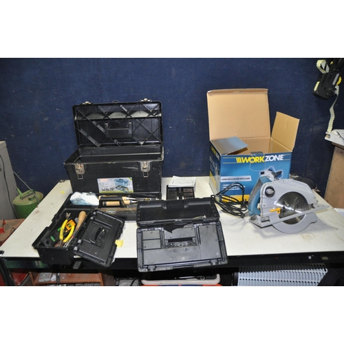 1065 - THREE PLASTIC TOOLBOXES containing tools and a Workzone Circular Saw (PAT pass and working)