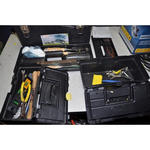 1065 - THREE PLASTIC TOOLBOXES containing tools and a Workzone Circular Saw (PAT pass and working)