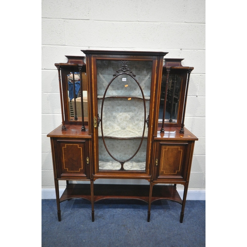 1312 - AN EDWARDIAN MAHOGANY AND BOX STRUNG DISPLAY CABINET, with a central glazed door enclosing two shelv... 