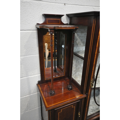 1312 - AN EDWARDIAN MAHOGANY AND BOX STRUNG DISPLAY CABINET, with a central glazed door enclosing two shelv... 