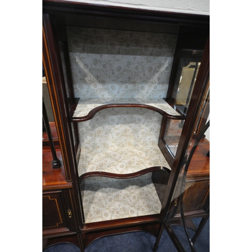 1312 - AN EDWARDIAN MAHOGANY AND BOX STRUNG DISPLAY CABINET, with a central glazed door enclosing two shelv... 