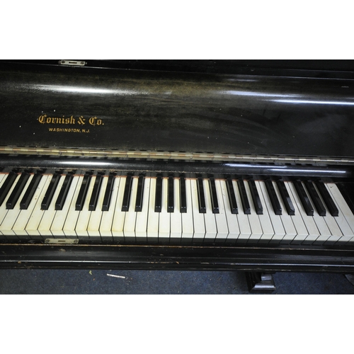 1322 - A 19TH CENTURY EBONISED CORNISH & CO OF WASHINTON N.J UPRIGHT OVERSTRUNG PIANO, with ivory keys, wid... 