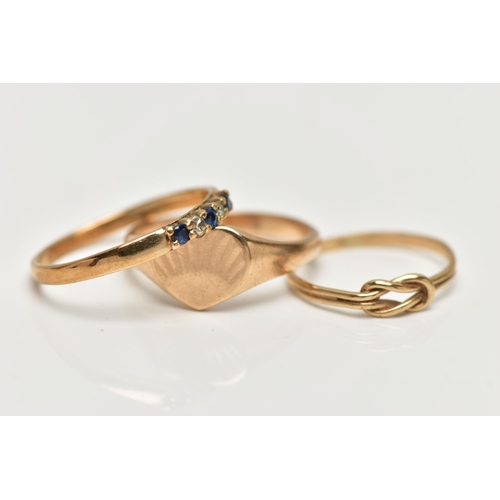 10 - THREE 9CT GOLD RINGS, the first a heart shaped signet ring, with sunset design, polished band, hallm... 