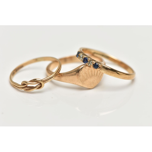 10 - THREE 9CT GOLD RINGS, the first a heart shaped signet ring, with sunset design, polished band, hallm... 