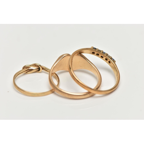 10 - THREE 9CT GOLD RINGS, the first a heart shaped signet ring, with sunset design, polished band, hallm... 