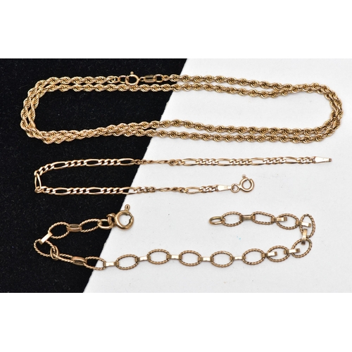 14 - A 9CT YELLOW GOLD ROPE TWIST CHAIN AND TWO BRACELETS, the rope twist chain fitted with a spring clas... 